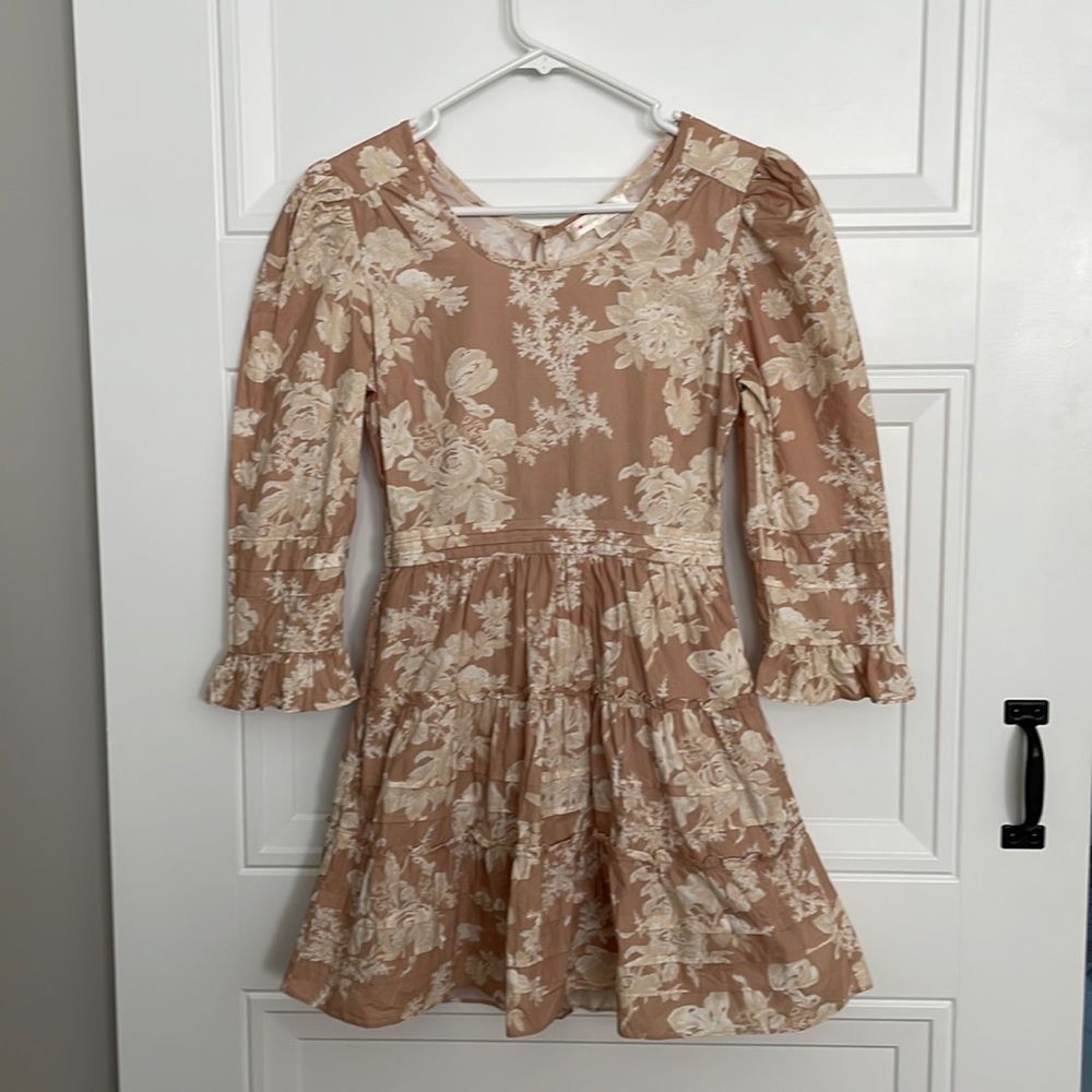 LoveShackFancy Tan Floral Mini Dress